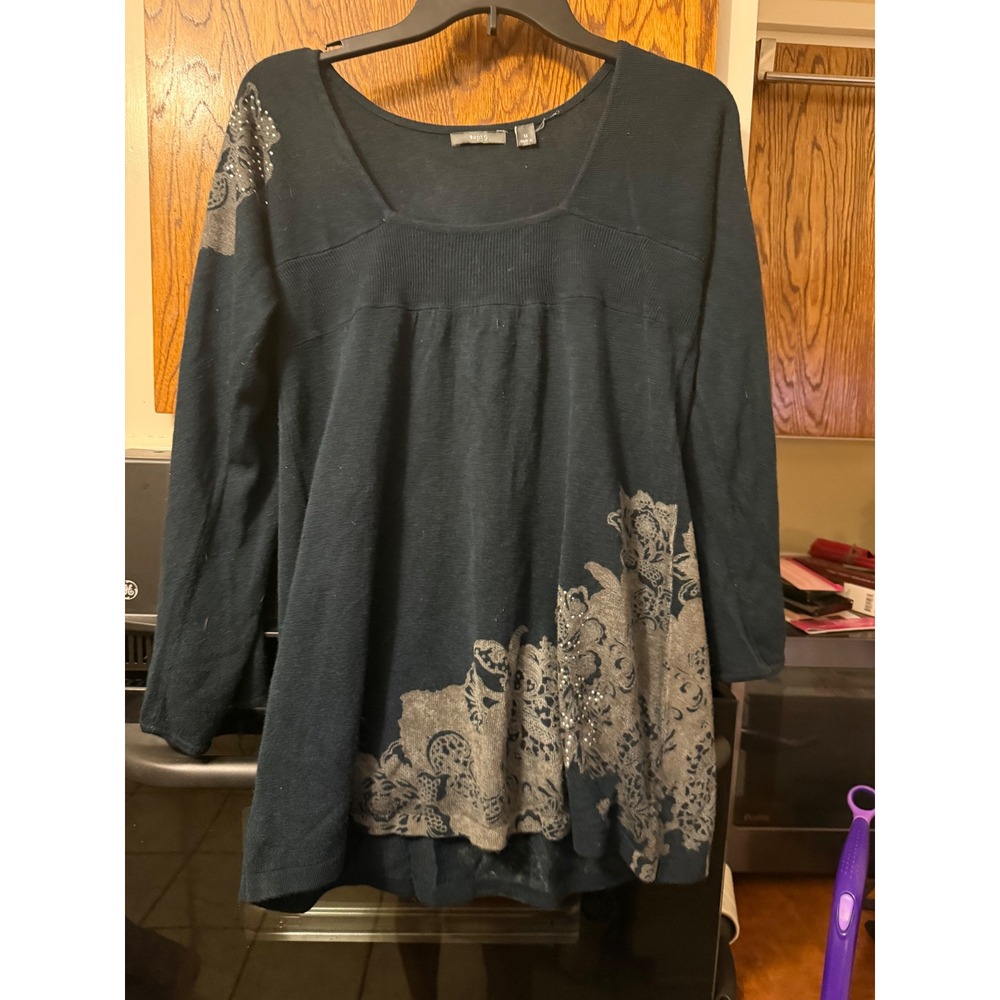 Apt 9 Womens Navy Blue Floral Rhinestone Knit Tunic Sweater Square Neck‎ Medium